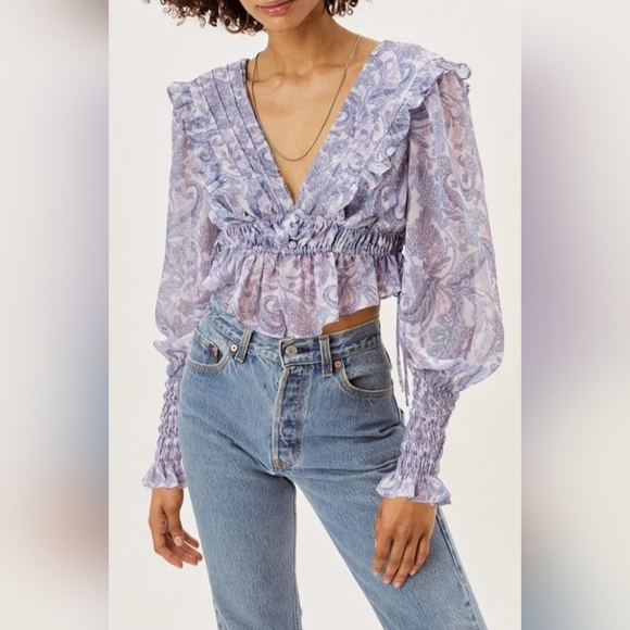 For Love & Lemons Blouse Crop Top Janelle Boho Ruffle V-Neck CT-1770 Blu/Wht/Prp - Picture 2 of 12